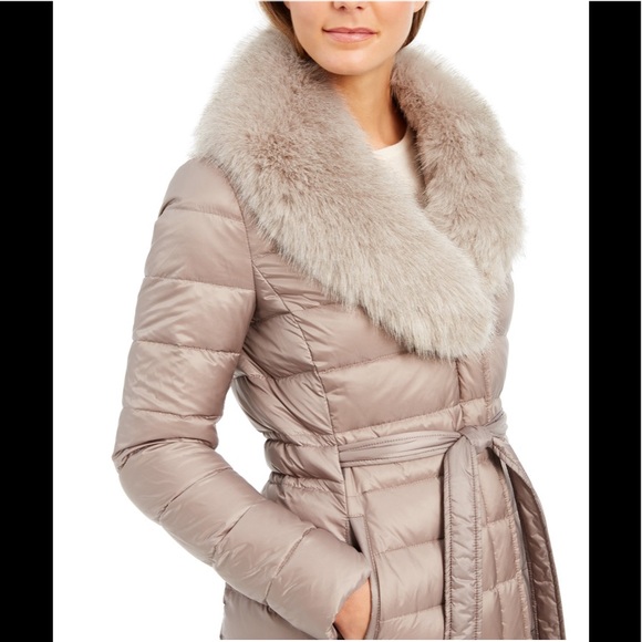 Tahari down Belted Faux-FurCollar Down,truffle,NWT - Picture 4 of 8
